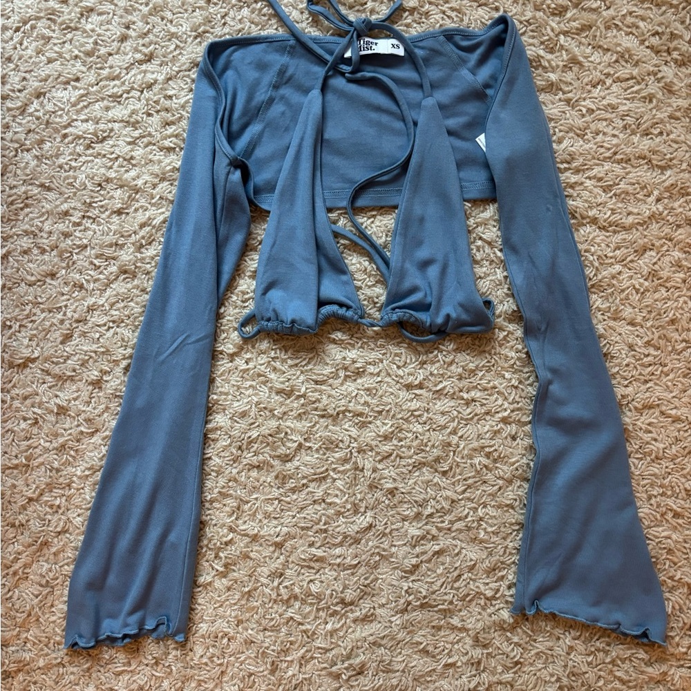 Tiger Mist Blue Tie-Front Bra Top with Matching Sleeves
